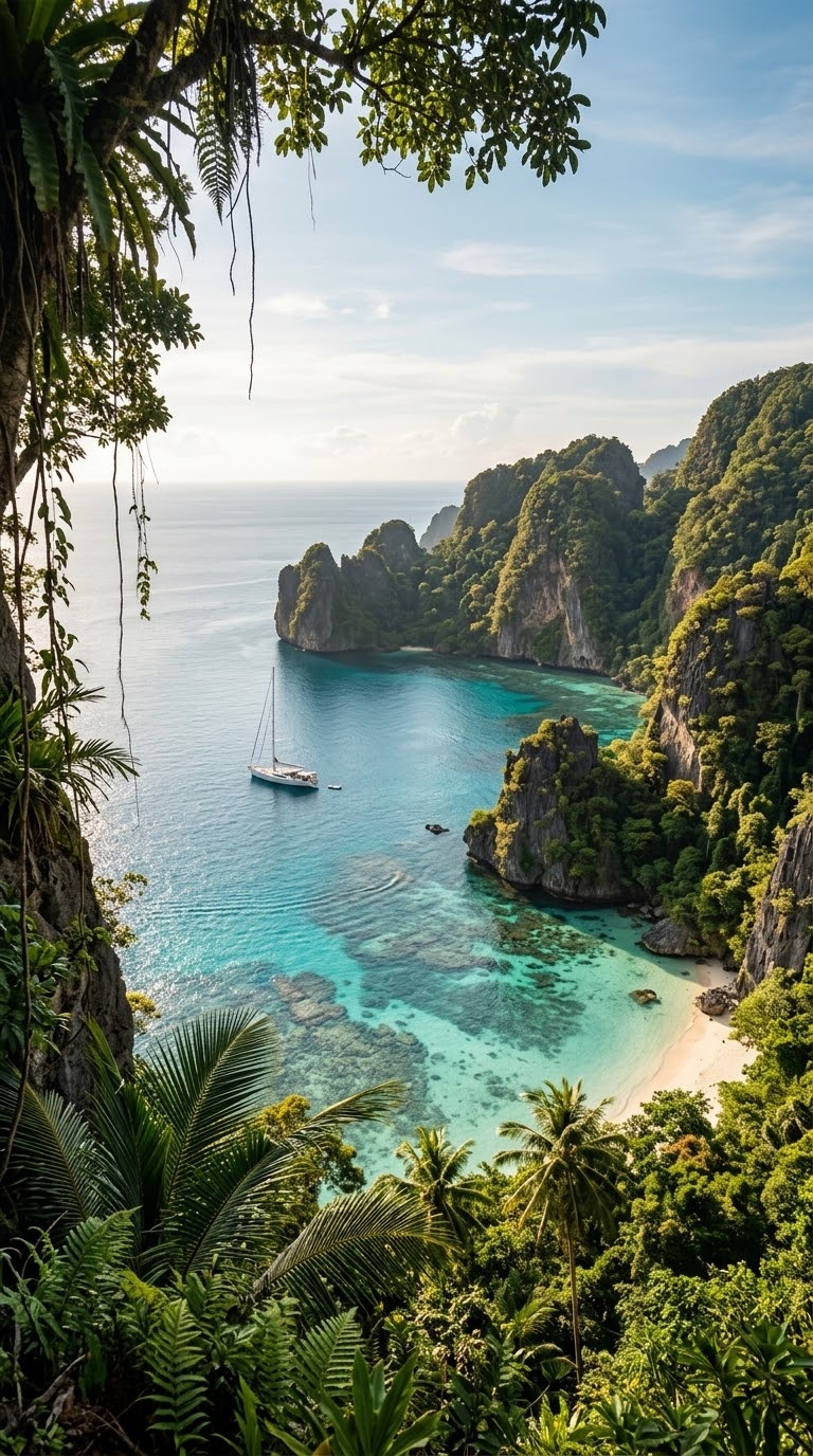 Turquoise bay with a sailboat surrounded by green limestone cliffs